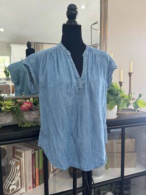 Gap Cuffed Cap Sleeve V-Neck Denim Look Shirt - Size S